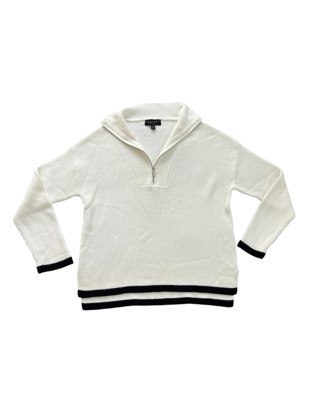 Laundry By Shelli Segal White/Black Quarter-Zip V-Neck Pullover Sweater Size S